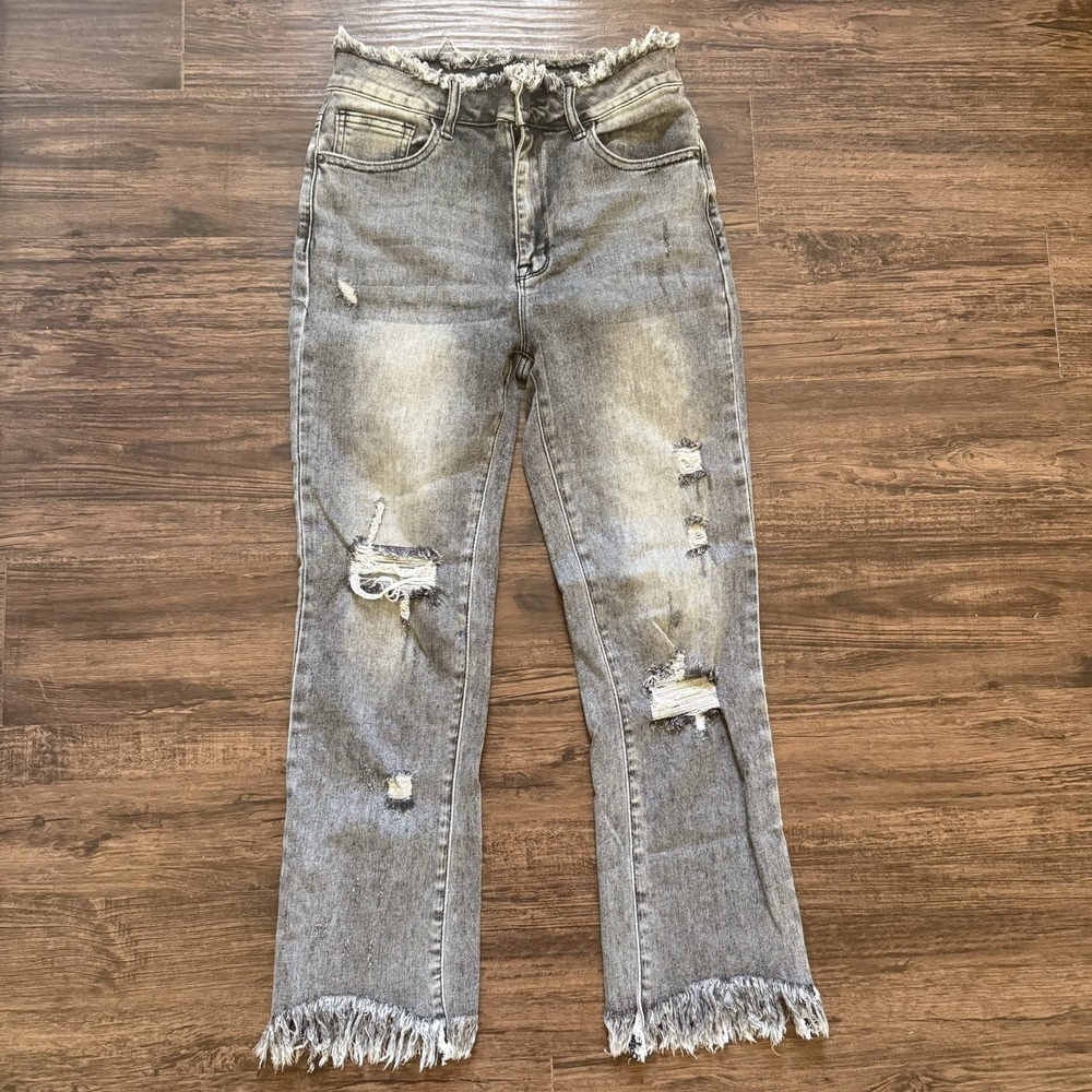 Risen High Rise 28x25 Distressed Straight Leg Jeans Grey Frayed Hem